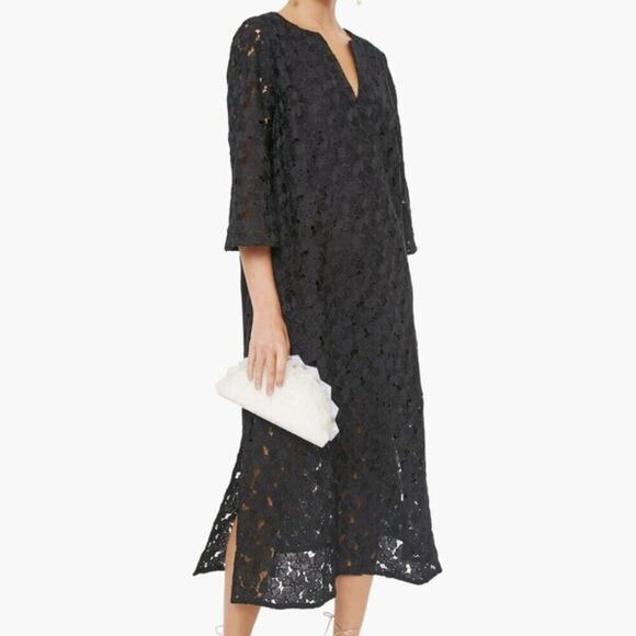 Tuckernuck Black V-Neck Floral Lace Eyelet Jamie Midi Kaftan Shift Dress XS - Picture 13 of 15